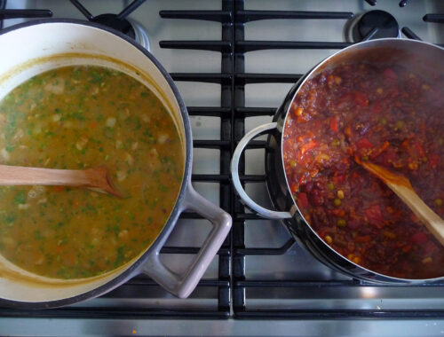 Pots of Curried Black-Eyed Pea Soup and Vegan Chili