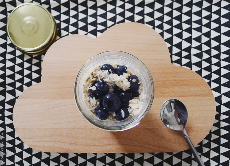overnight oats topped with blueberries