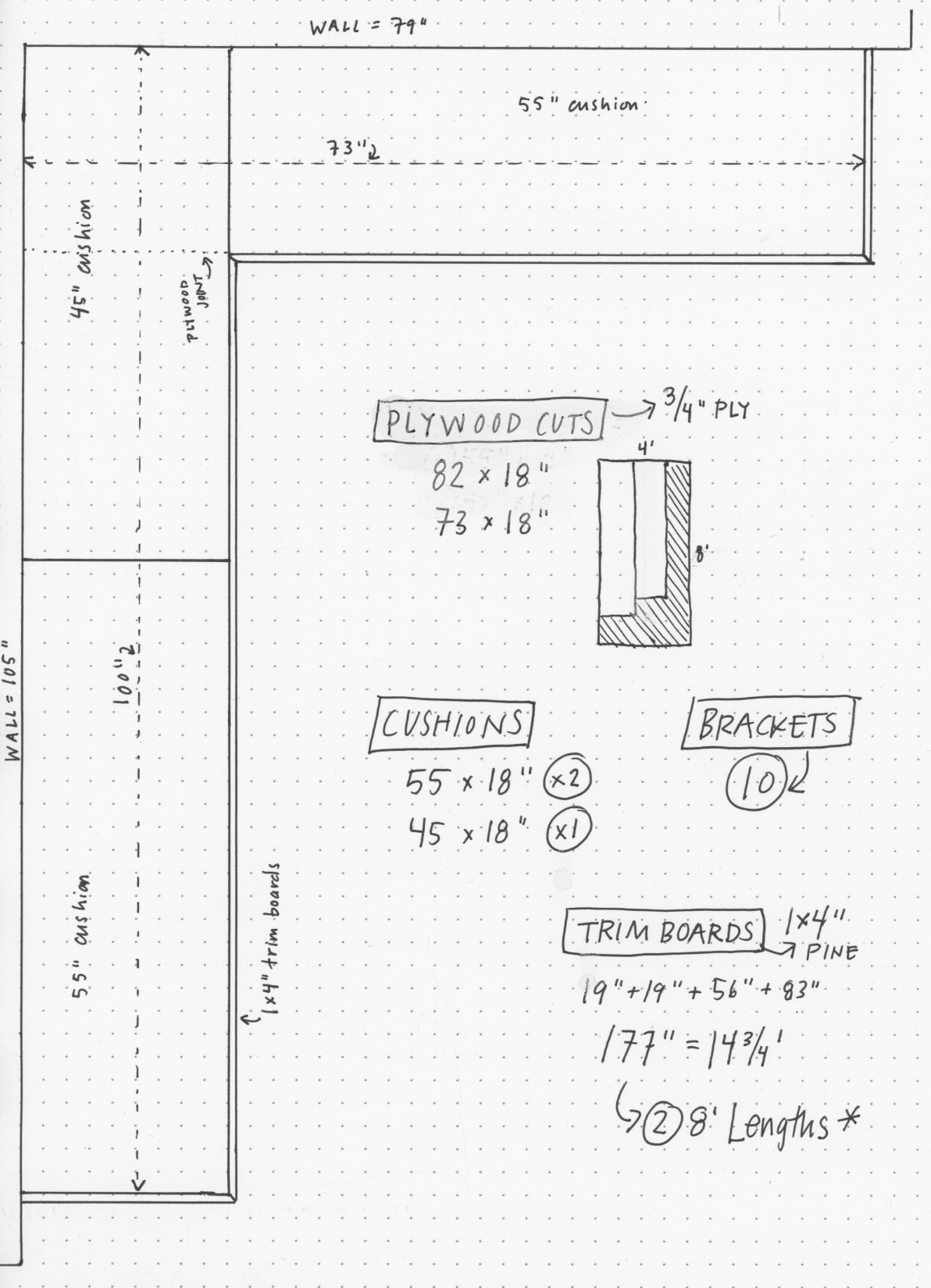 Plans for floating banquette drawn to scale